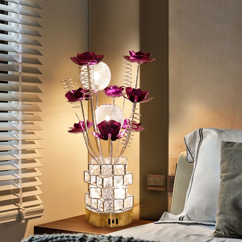 Art Decor Floral Table Lamp LED Aluminum Desk Light with Crystal Block Base in Purple/Red for Bedside