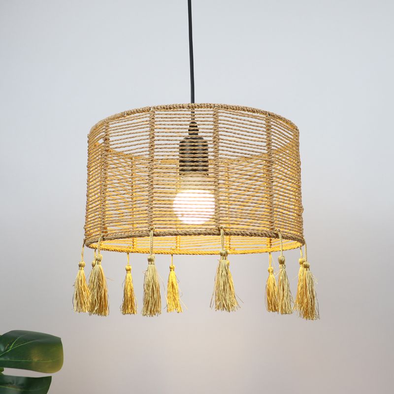 12"/16" Wide Drum Shade Pendant Lamp Modernist Style Rattan 1/3-Light Beige Hanging Lighting with Tassel