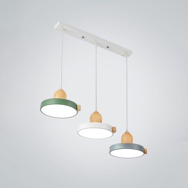 Nordic Pot Lid LED Pendant Lamp Acrylic 3-Head Dining Room Multi Ceiling Light in White and Wood