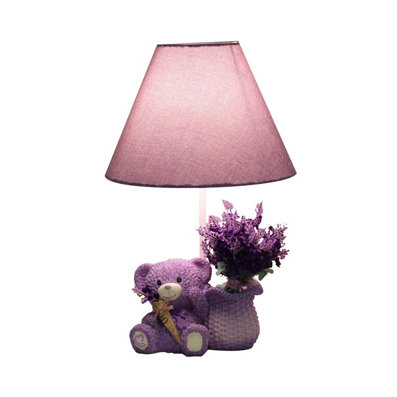 Kid Single-Bulb Nightstand Lamp Purple Tapered Table Light with Fabric Shade for Bedroom