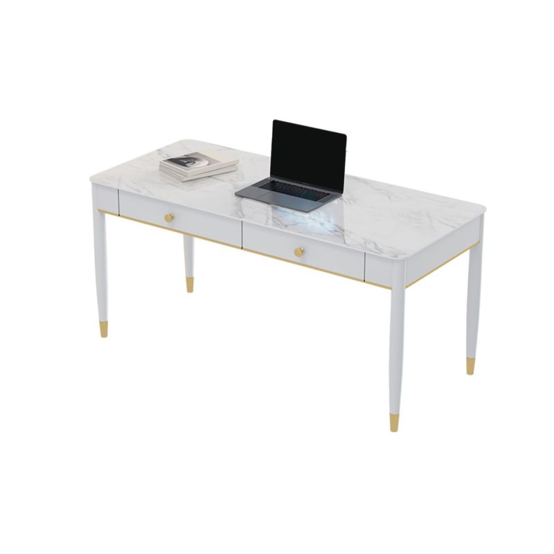 Rectangular Contemporary Writing Desk Stone Office Desk with 1/2 Drawers