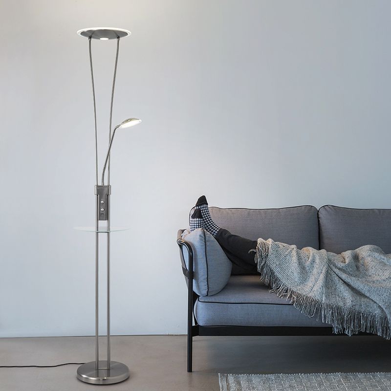 2-Head Living Room Reading Floor Lamp Modern Nickel LED Standing Light with Round Metal Shade