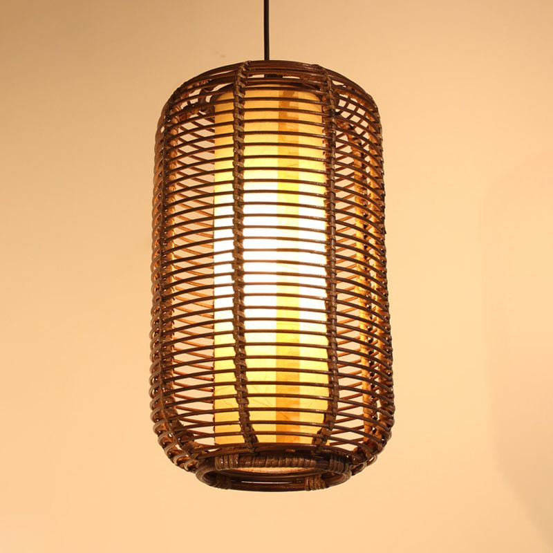 Cylindrical Pendant Light Japanese Bamboo 1 Head Suspended Lighting Fixture in Brown