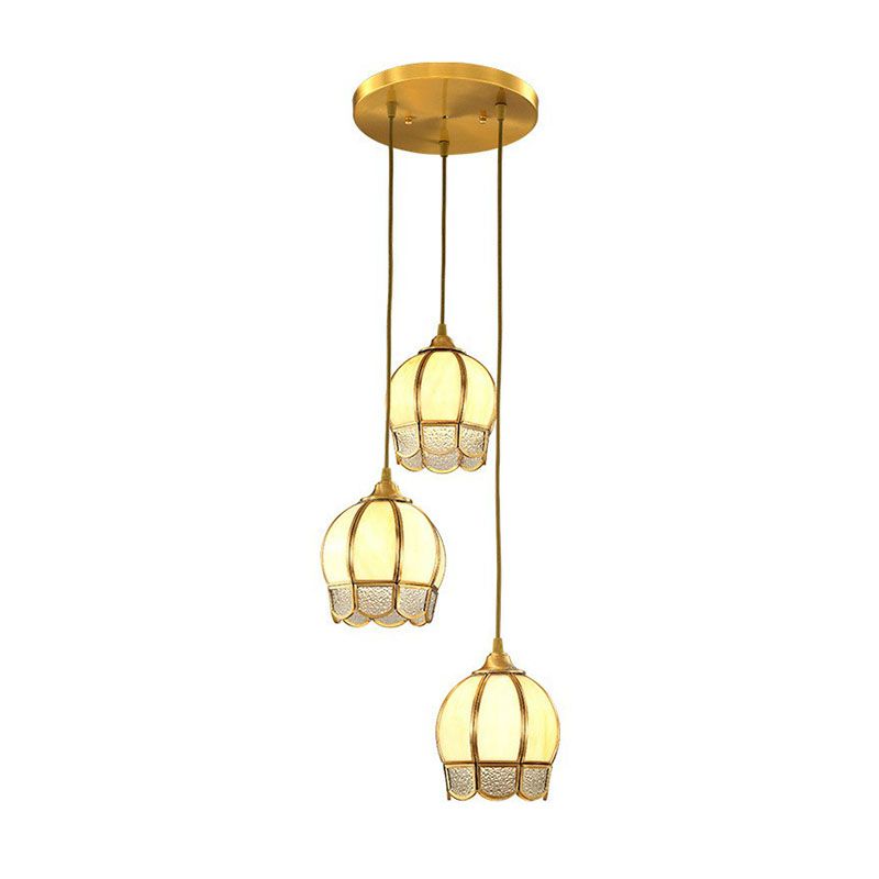 Frosted Glass Flower Cluster Pendant Vintage 3-Head Dining Room Hanging Light in Brass