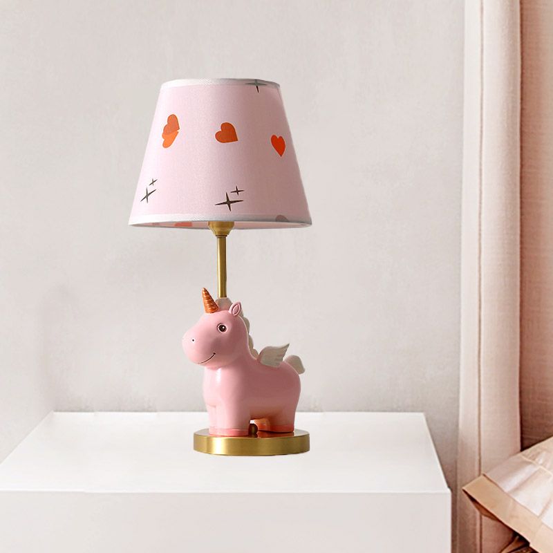 Sika Deer/Unicorn Bedside Table Lamp Resin Single Kids Night Light in Pink/Blue with Tapered Fabric Shade