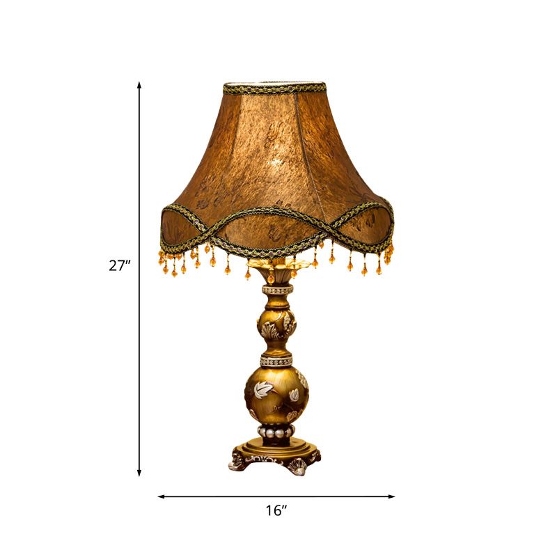 1-Light Scalloped Bell Table Lamp Traditional Brown Fabric Nightstand Light, 13"/16" Width