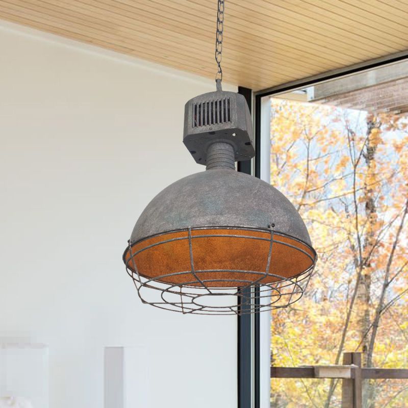 Caged Restaurant Hanging Light Kit Rustic Iron 1 Light Grey Finish Suspended Pendant Lamp with Domed Shade