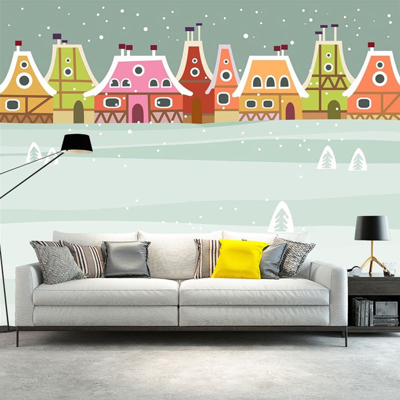 Fantasy Snowy Town Wallpaper Murals for Nursery Customized Wall Decor in Pink-Green-Grey