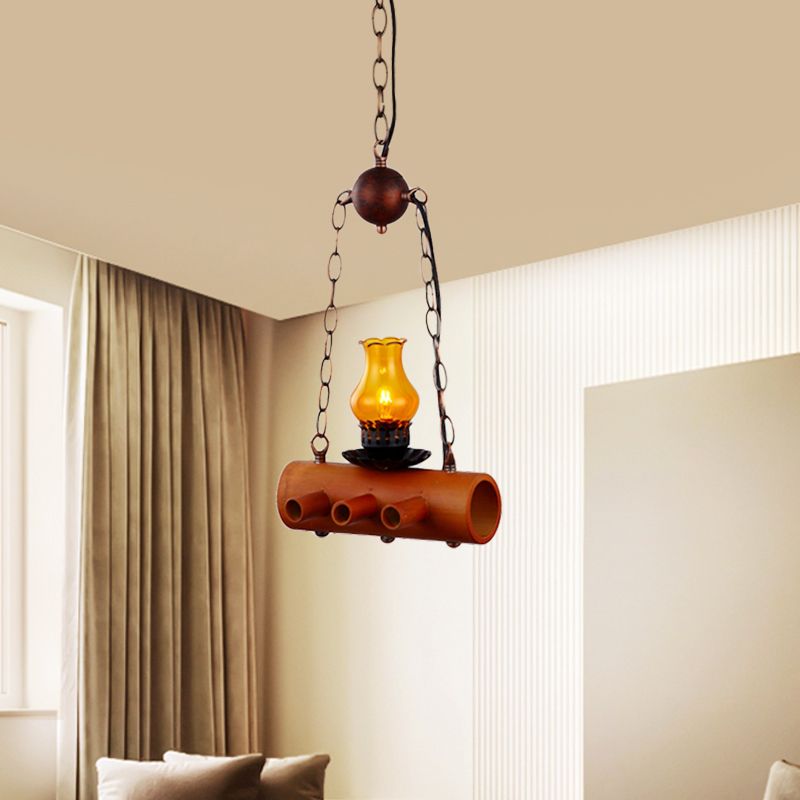 Vase Dining Room Pendant Ceiling Light Farm Yellow Glass 1 Light Brown Hanging Lighting with Linear Bamboo Beam