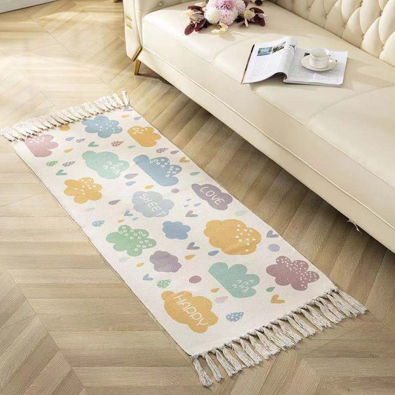 Classic Geometric Printed Rug Multi-Colored Cotton Blend Carpet Easy Care Washable Rug with Fringe for Bedroom