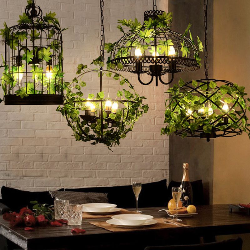 4-Head Plant Pendant Chandelier Rural Restaurant Hanging Light with Basket/Bowl Iron Cage in Black