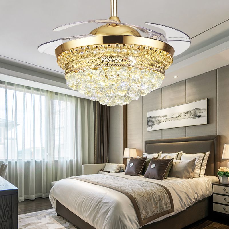 Tiered Crystal Orb Semi Flush Mount Light Contemporary Gold 4-Blade LED Hanging Fan Light Fixture