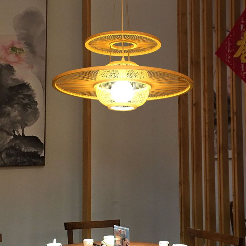 1 Head Restaurant Hanging Lamp Asian Beige Ceiling Pendant Light with Round Bamboo Shade