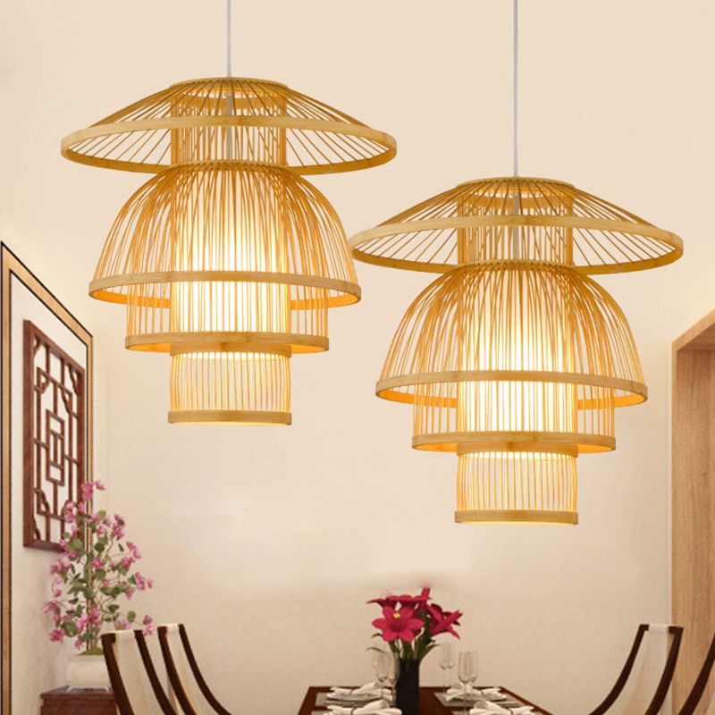 Tiered Dining Room Pendant Lighting Bamboo 1-Light Asian Stylish Hanging Lamp in Beige