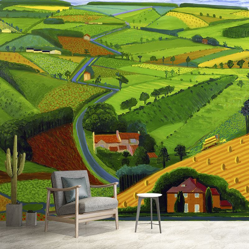 Village Landscape Overview Murals in Yellow-Green Modern Art Wall Decor for Living Room