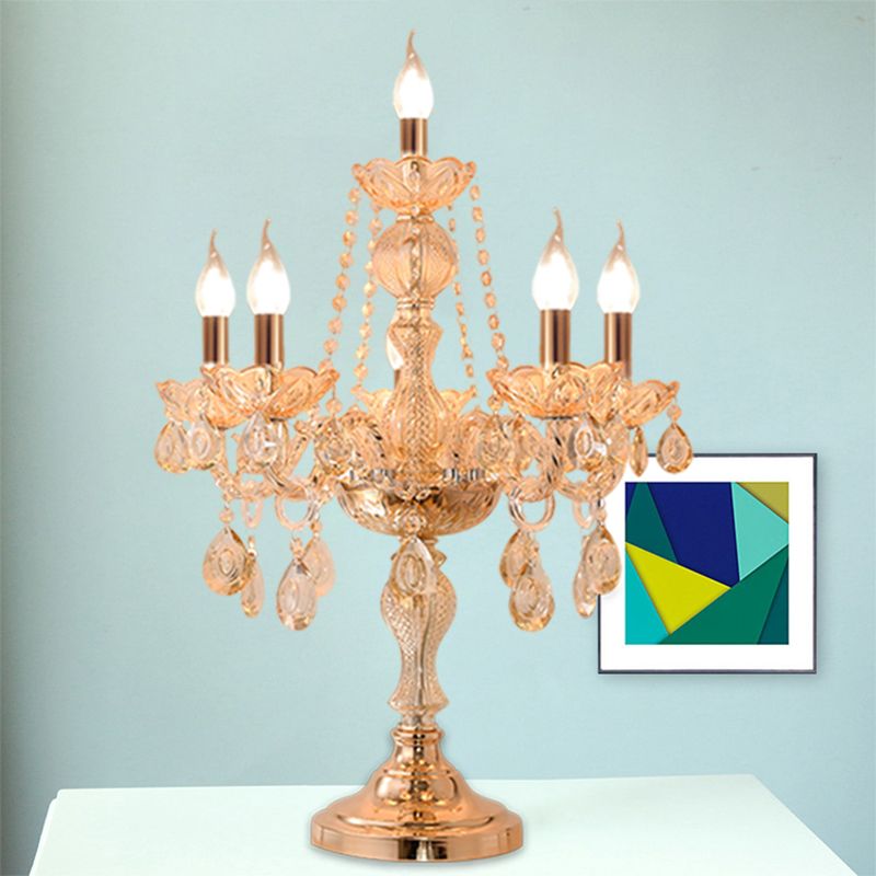 5/6 Heads Candelabra Table Light Traditional Gold Crystal Droplets Nightstand Lamp with/without White Bell Fabric Shade