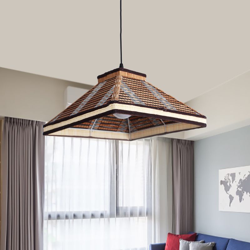 Chinese Pyramid Hanging Ceiling Light Bamboo/Rattan 1 Light Restaurant Pendant Lamp in White/Ivory/Brown