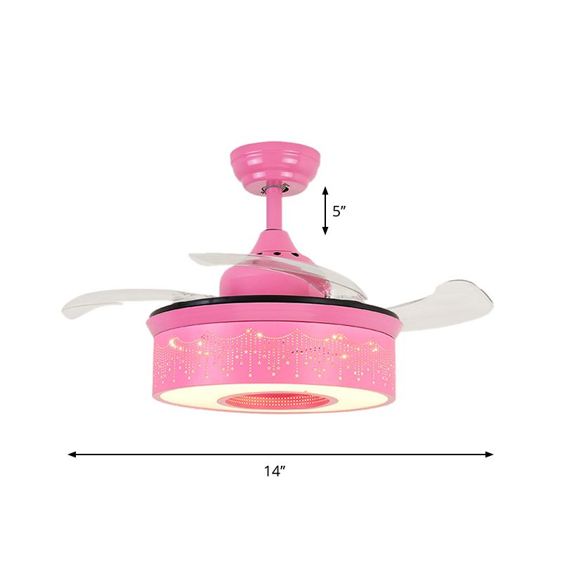 14"/16.5" W Modern LED Fan Lighting Pink/Blue/Green Drum 4 Blades Semi Flush Light with Acrylic Shade, Remote Control