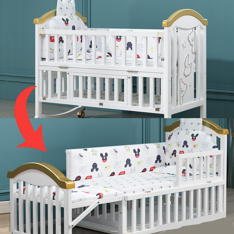 Wooden White Matching Nursery Crib Storage Arched Crib with Wheels