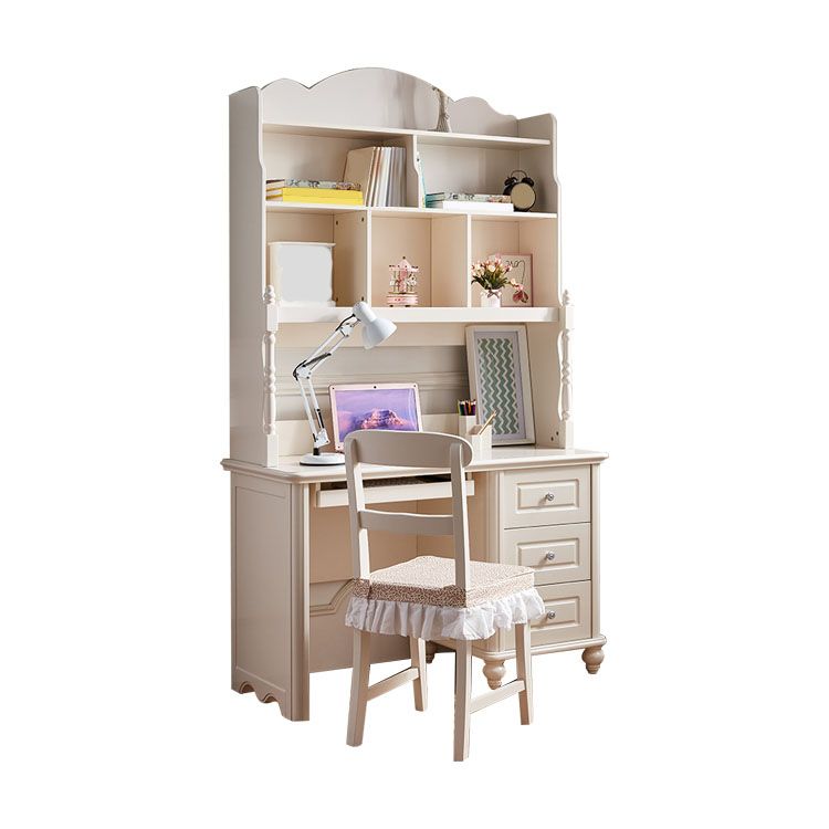 White Writing Desk with 3 Storage Drawer and Bookshelf in Solid Wood