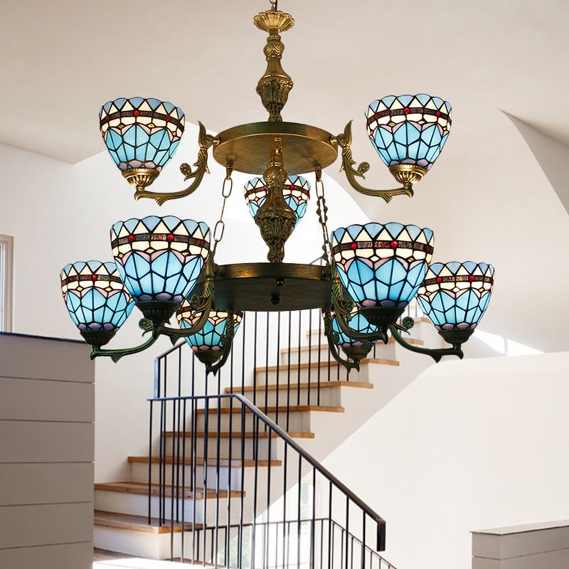 Stained Glass Bowl Hanging Ceiling Light 9 Lights Baroque Chandelier Lighting in Blue for Hallway