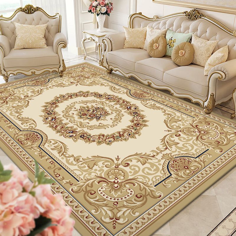 Yellow Tone Floral Print Rug Polyester Traditional Anti-Slip Backing Indoor Rug for Living Room