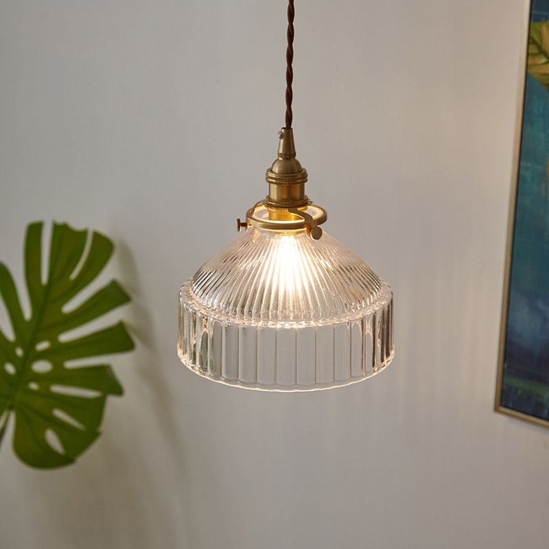 Single Ceiling Light Industrial Ribbed Clear Glass Hanging Pendant Light for Entryway