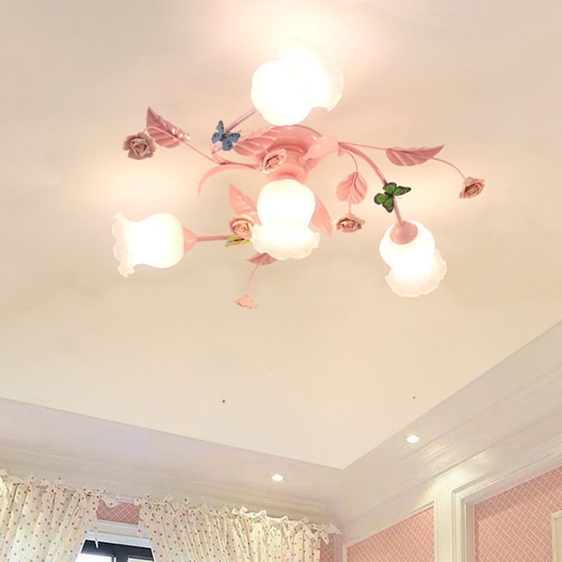 4/7 Bulbs Spiral Ceiling Light Fixture Traditional Pink Satin Opal Glass Semi Flush Mount Lighting for Bedroom