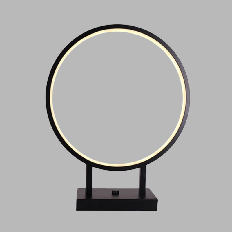 Minimalist Ring Desk Light Aluminum LED Bedroom Table Lamp in Black with Plug In Cord, White/Warm Light