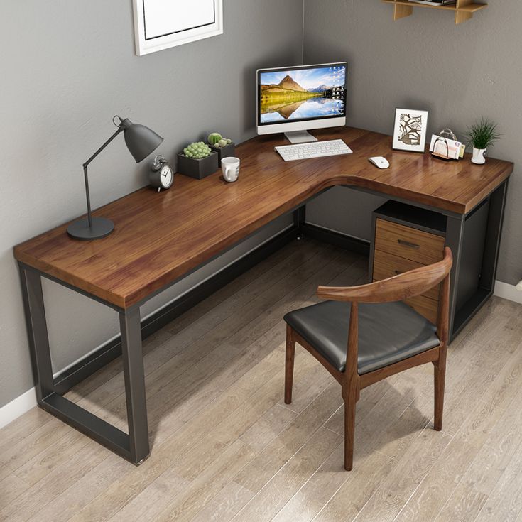 Industrial Style Office Desk Brown Home L-Shape Wooden Writing Desk