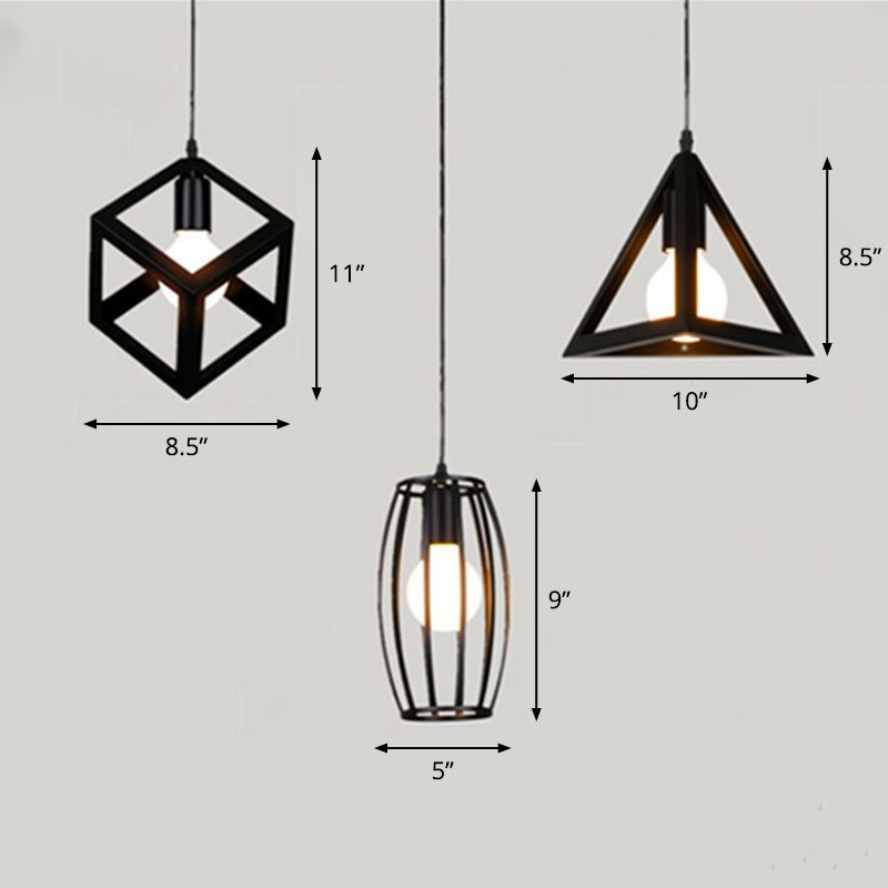 Vintage Geometric Pendant Ceiling Light Single-Bulb Metal Suspension Lamp in Black