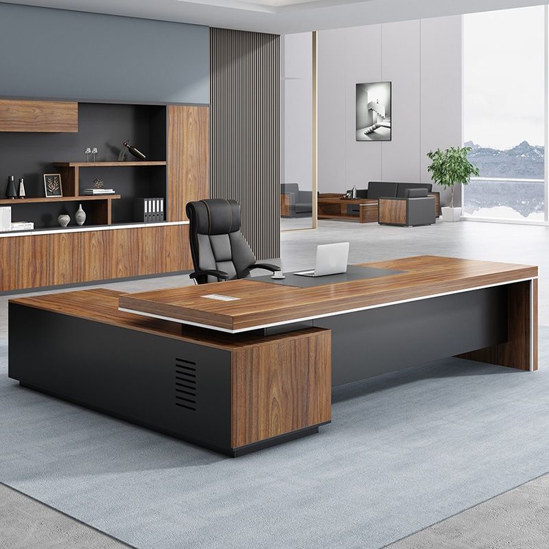 L-Shape Modern Executive Desk Black and Brown Office Desk with Drawers