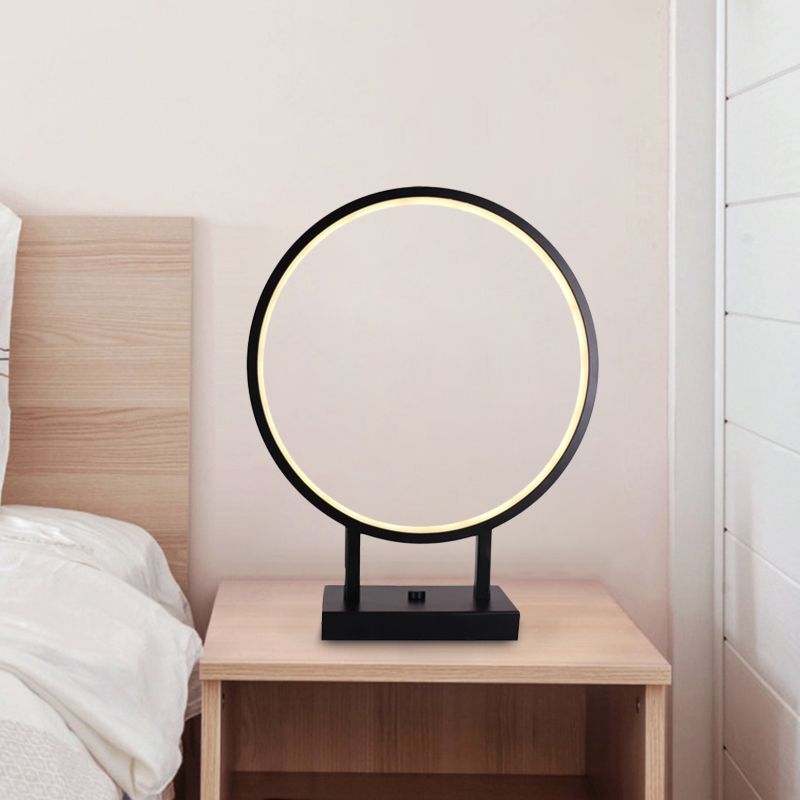 Minimalist Ring Desk Light Aluminum LED Bedroom Table Lamp in Black with Plug In Cord, White/Warm Light