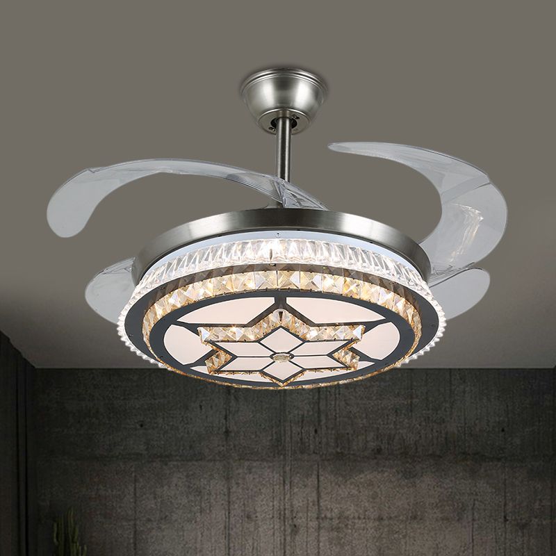 19 "Breedte LED Semi Flush Mount Contemporary Round Round Round Clear Crystal Blocks 4 Blades Hanglamp ventilatorlamp in roestvrijstalen met rhombus/zespuntig sterrenpatroon