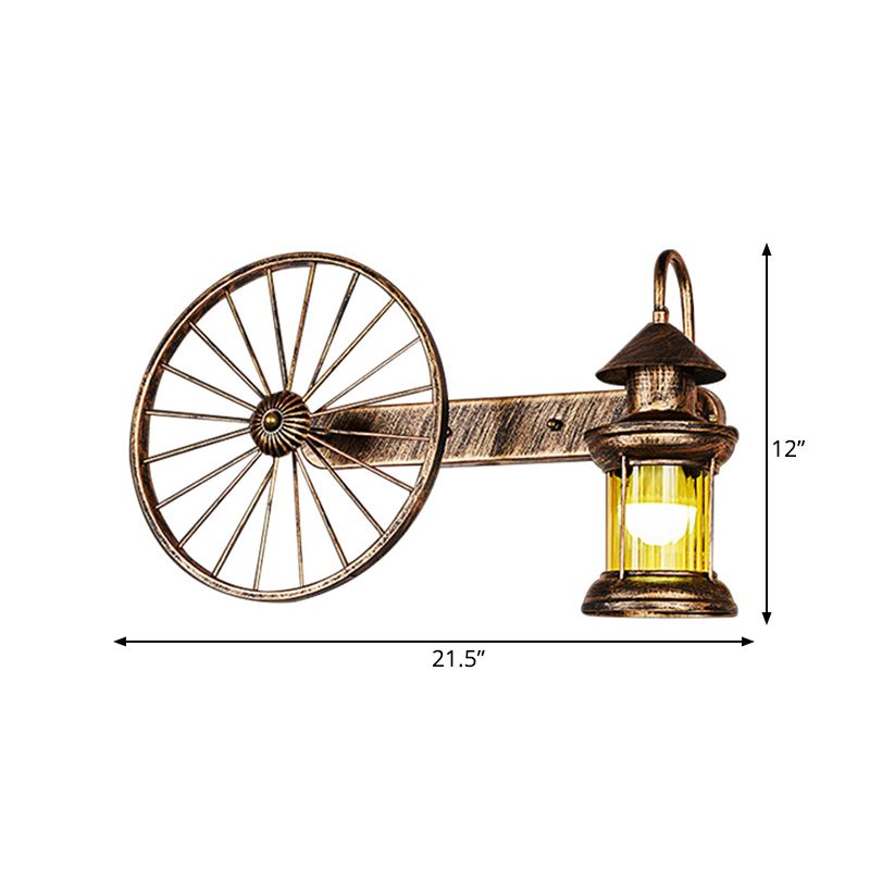 1 bulbo de vidrio ámbar vaso matrimonio de latón esquina de la linterna de la esquina luz de la pared con la rueda del vagón deco