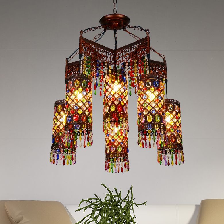 6 ampoules suspendues lustre suspendu Bohemian Cylinder Metal Pendant Lightture en cuivre pour le salon