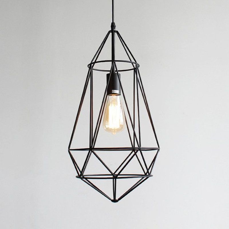 Iron Gemstone Frame Suspension Lighting Retro Style 1 Head Restaurant Pendant Ceiling Light in Black