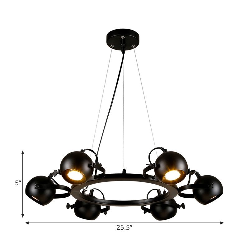 Black Finish Globe Chandelier Lamp Antique Style Metal 6 Lights Restaurant Hanging Light with Ring