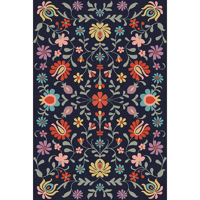 Tapis à motif floral classique avec tapis de polyester de la marine à feuilles de la feuille de navigation sans glissement lavable pour chambre à coucher
