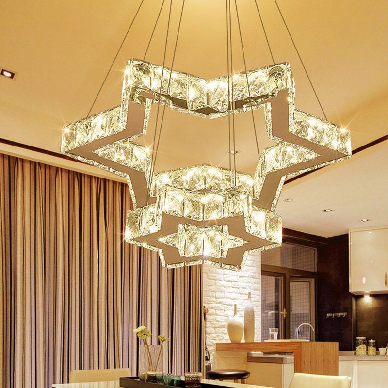 Crystal Block Five-Pointed Star Hanging Chandelier Simple Stainless-Steel LED Ceiling Light, Warm/White/3 Color Light