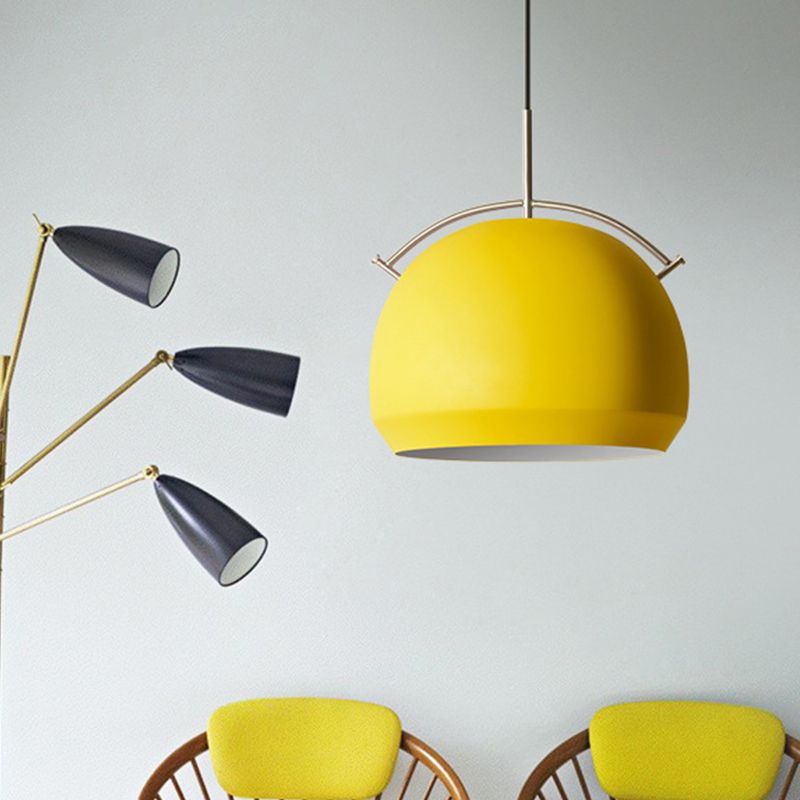 Aluminum Dome/Bell Drop Lamp Macaron 1 Bulb Hanging Pendant Light in Yellow/Pink/Blue with Curved Handle