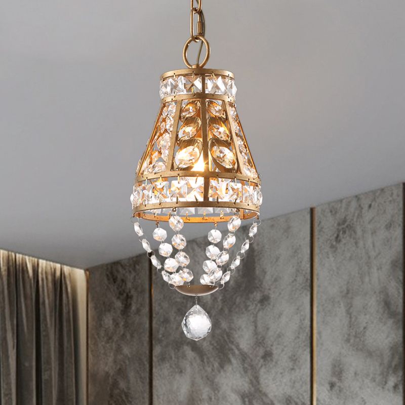 Gold Finish 1-Head Pendant Lighting Farmhouse Faceted Crystal Conic Suspension Lamp for Restaurant