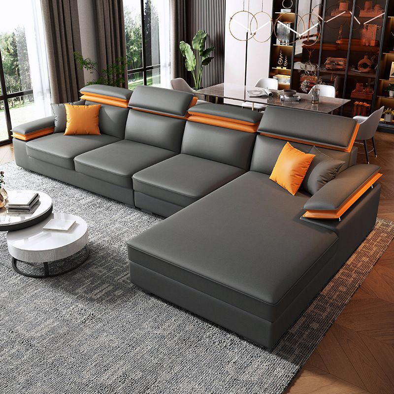 Grey L-Shape Sectional with Pillow Back Cushions Sofa for Living Room