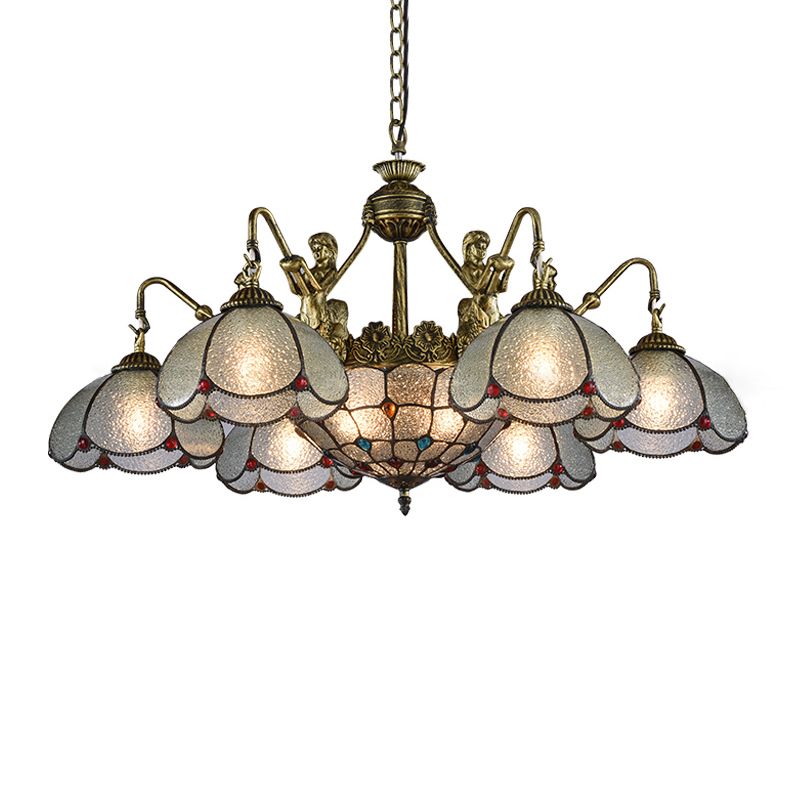 Bronze Scalloped Flower Chandelier Light Tiffany Style Ripple Glass Pendant Light Fixture