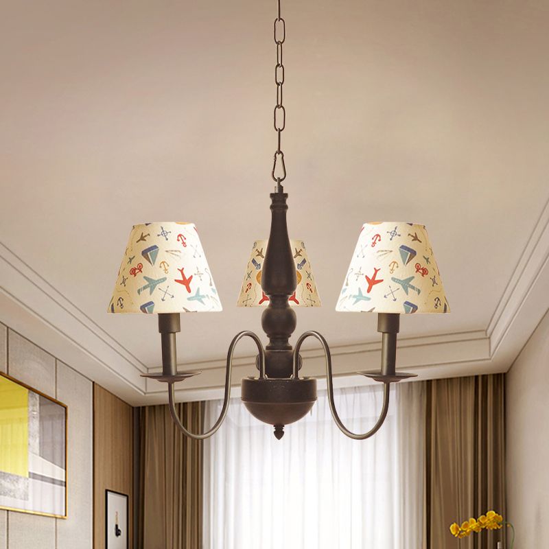 Kids Swoop Arm Iron Chandelier 3/5 Lights Suspended Lighting Fixture in Black with Conic Printed Fabric Shade