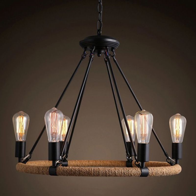 Factory 1/2-Layer Circle Hanging Light 6/8/14 Bulbs Rope Wrapped Chandelier Pendant in Black and Brown