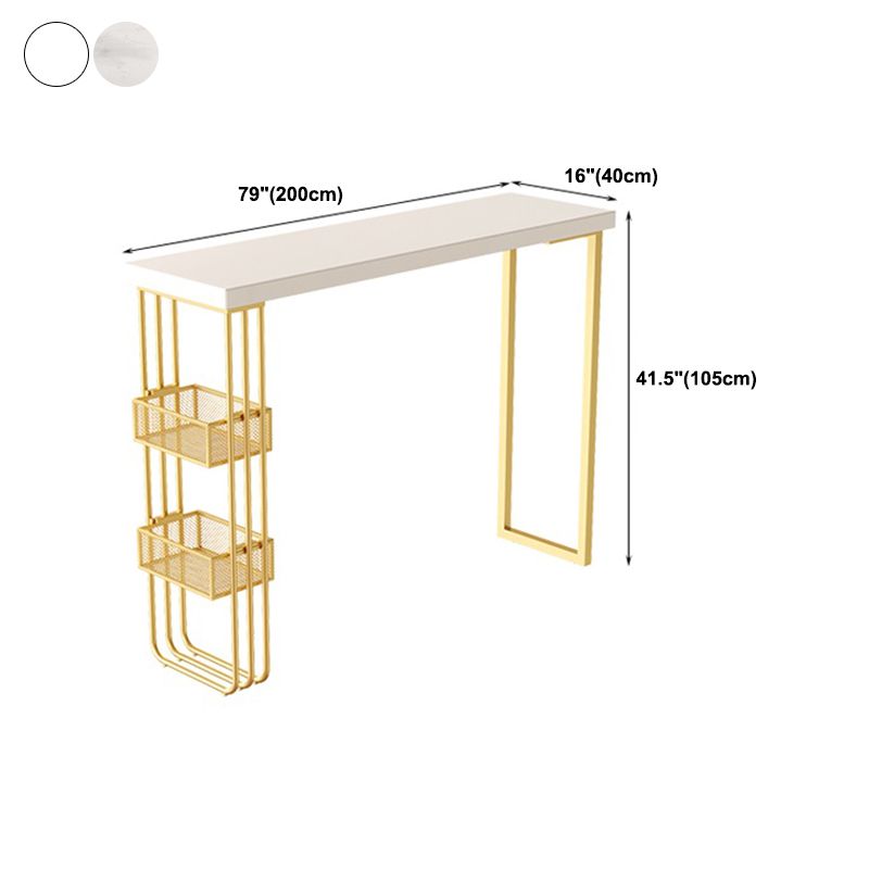 White Top Bar Table with Storage Base Glam Pub Table with Gold Metal Frame