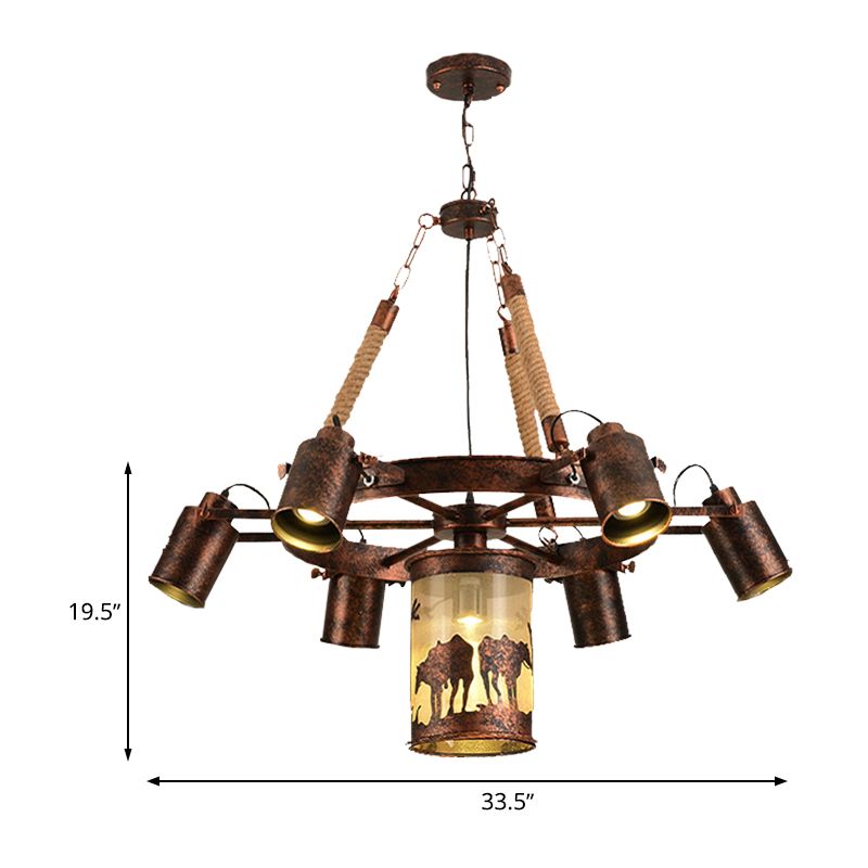 7/9 Lights Wheel Chandelier Lighting Antique Rust Metal Pendant Light Fixture for Restaurant