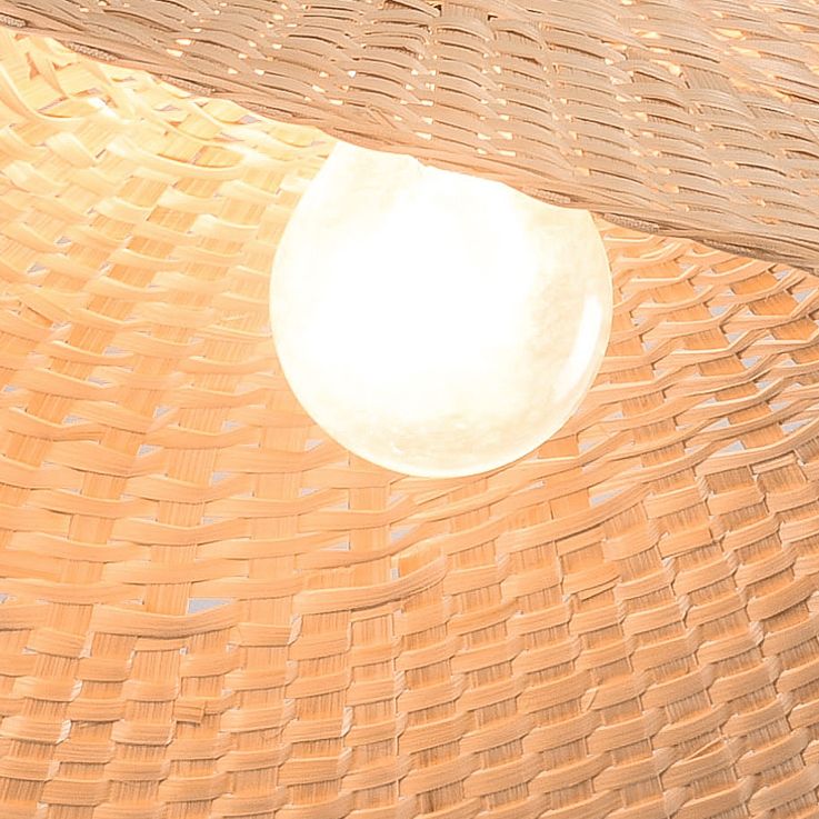 Beige Straw Hat Shape Hanging Lamp Kit Asian 1-Light Bamboo Ceiling Pendant Light for Dining Table