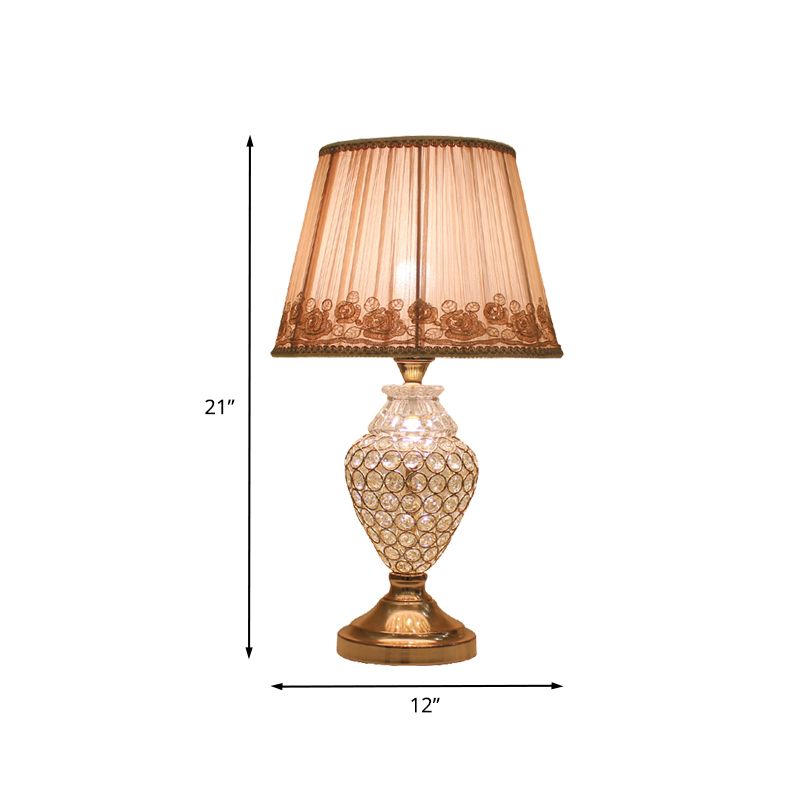 1 Head Rose-Trim Conical Table Light Rural Gold Pleated Fabric Night Lamp with Pot Crystal Base